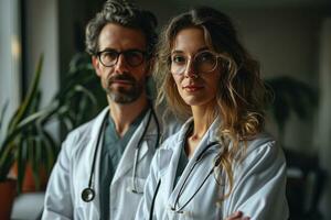 ai généré portrait de deux médecins avec flou Contexte photo