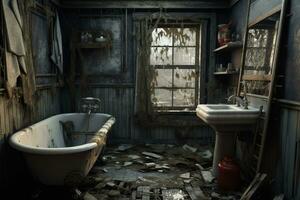 ai généré abandonné vieux salle de bains avec rouillé mur photo