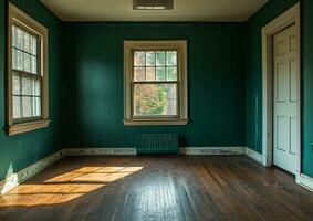 ai généré vide Maître chambre avec foncé vert mur photo