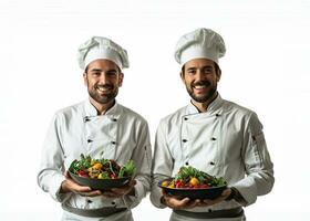 ai généré chefs souriant et Heureusement montrant leur gourmandises photo