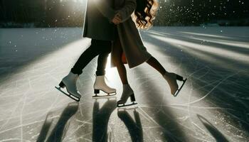 ai généré fermer photo de une couple de hispanique descente, élégamment glissement sur le la glace de une congelé étang.