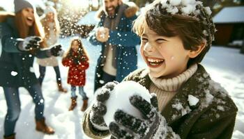 ai généré fermer photo de une famille de diverse descente engagé dans une animé boule de neige bats toi dans une couvert de neige cour. une enfant, avec neige sur leur affronter, des rires joyeux