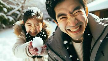 ai généré photo capturer une fermer moment où une père de asiatique descente est esquiver à éviter une boule de neige jeté par le sien fille.