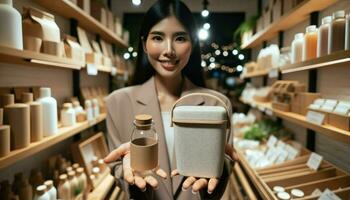 ai généré fermer photo de une affaires propriétaire de asiatique descente, femme, en présentant des produits dans sa magasin. le articles sont présenté avec biodégradable emballage