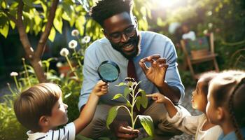 ai généré photo de une prof de africain descente, homme, engageant avec les enfants dans un Extérieur jardin paramètre.