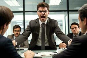 le directeur de le entreprise est une homme, crie à le sien subordonnés à Bureau ,génératif ai. photo