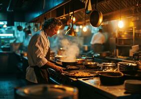 ai généré chef cuisine le sien le meilleur gourmandises à une commercial cuisine photo