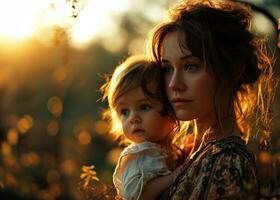 ai généré mère en portant sa enfant tandis que observer la nature lever du soleil photo