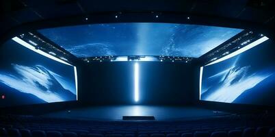 ai généré non gens ou vide cinéma salle avec gros Vide écran et salle hd.hall maquette. photo