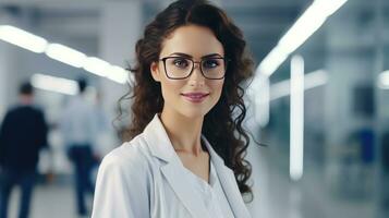 ai généré scientifique direction. Jeune femme dans laboratoire manteau et des lunettes avec spécialiste équipe dans moderne médical laboratoire photo