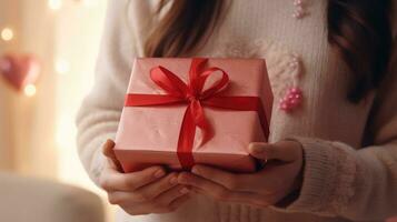 ai généré femelle mains en portant une cadeau pour Valentin jour, anniversaire, de la mère journée. symbole de l'amour. valentines journée Contexte avec une cadeau des boites. femelle mains saisir la Saint-Valentin et fête cadeaux photo