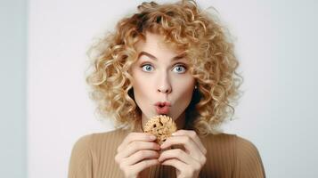 ai généré satisfaisant les envies. blond frisé aux cheveux femme grignoter sur Chocolat biscuit. décadent plaisir. fermer de femme profiter Chocolat puce biscuit. cette gentil de casse-croûte est mal pour votre santé. photo