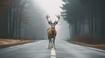 ai généré faune avertir. cerf traversée sur brumeux forêt route, transport danger alerte, route sécurité conscience dans brumeux Matin réglage photo