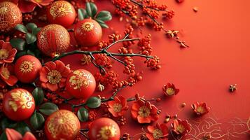 ai généré décoré avec rouge chinois papier lanternes fleurs et baies, ai génératif photo