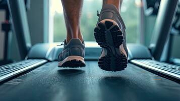 ai généré homme fonctionnement sur une tapis roulant dans une salle de sport, ai génératif photo