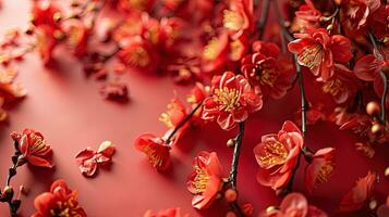 ai généré prune fleur dans chinois lunaire Nouveau année sur rouge arrière-plan, ai génératif photo