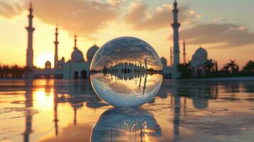 ai généré réflexion de mosquée dans une verre balle, ai génératif photo