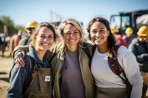 ai généré souriant construction ouvriers dans sécurité équipement photo