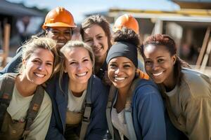 ai généré souriant construction ouvriers dans sécurité équipement photo