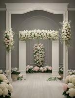 ai généré élégant intérieur mariage toile de fond avec blanc fleurs photo