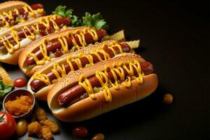 ai généré chaud chien délice américain vite nourriture avec Viande, saucisse, tomate photo