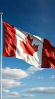 ai généré agitant Canada drapeau dans 3d, contre une clair bleu ciel verticale mobile fond d'écran photo