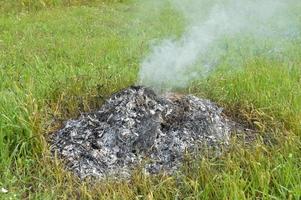 un feu de joie avec des plantes sèches brûle sur un terrain avec du feu et de la fumée photo