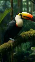 ai généré toco toucan séance sur une jungle bifurquer, vibrant et exotique verticale mobile fond d'écran photo