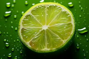ai généré citron vert éclat Frais citron vert tranche avec l'eau goutte, vert Contexte photo