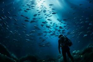 ai généré océan profondeurs, scaphandre autonome plongeur explore, poisson haut-fond Danse entoure photo