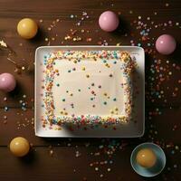 ai généré image fête fête Haut vue anniversaire gâteau avec souhaitant carte et confettis pour social médias Publier Taille photo