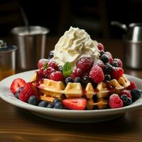 ai généré somptueux Belge gaufre avec la glace crème, Frais baies sur en bois table pour social médias Publier Taille photo