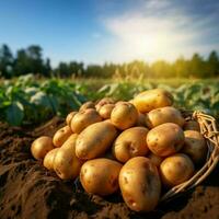 ai généré en bonne santé biologique produire fraîchement récolté patates dans une Les agriculteurs champ pour social médias Publier Taille photo