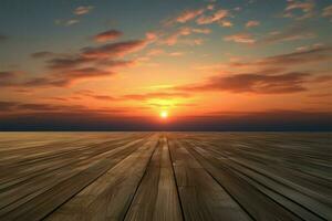 ai généré infini horizon en bois sol jumelé avec une paisible ciel Contexte photo