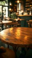 ai généré élégant réglage acajou bois table surface dans une élégant café verticale mobile fond d'écran photo
