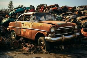 ai généré recyclage scène rouille déchet voitures dans une Junkyard pour environnement conscience photo