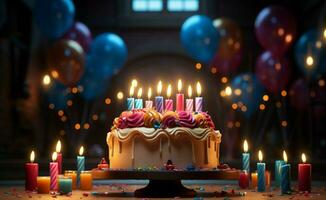 ai généré gâteau délice de fête bannière signaux une joyeux fête de anniversaires photo