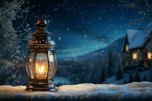ai généré Noël la magie lampe brille dans une neigeux paysages serein beauté photo