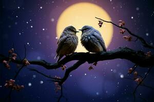 ai généré lunaire embrasse aimant des oiseaux perche en dessous de le enchanteur plein lune photo