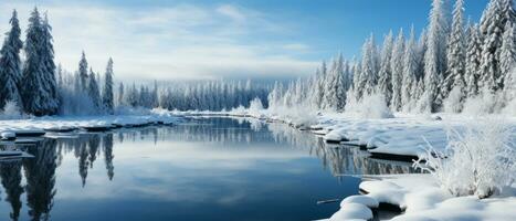 ai généré ensoleillé, hivernal journée à une congelé Lac dans une isolé parc, avec le région sauvage réfléchi sur le glacé surface. photo