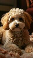 ai généré mignonne caniche chien relaxant sur le Accueil tapis, adorable animal de compagnie verticale mobile fond d'écran photo
