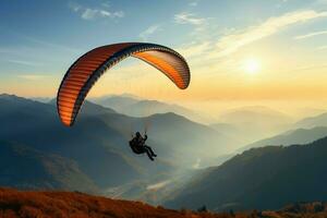 ai généré brumeux ascension vintagecoloré parapente silhouette monte en flèche au dessus Crimée Aube photo