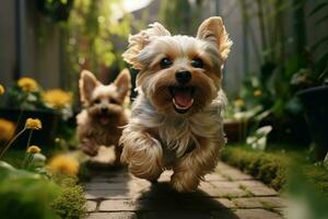 ai généré mignonne petit chiens, Yorkshire terrier, en jouant et fonctionnement dans jardin photo