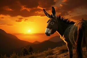 ai généré Bulgarie charme, âne silhouette embrasse le beauté de le coucher du soleil photo