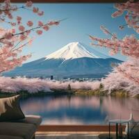 ai généré spectaculaire vue Japonais Cerise fleurs avec monter Fuji toile de fond pour social médias Publier Taille photo