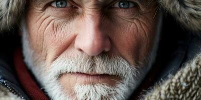 ai généré Sénior homme avec blanc barbe dans fourrure manteau. ai génératif. photo