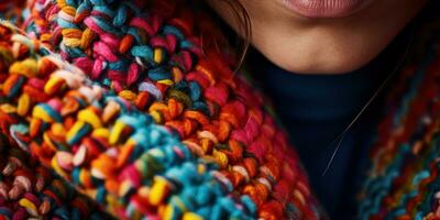 ai généré femme dans coloré tricoté manteau. ai génératif. photo