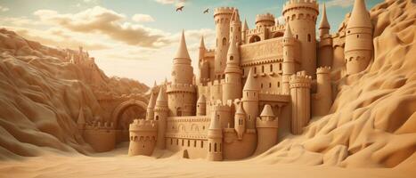 ai généré magnifique le sable Château sur d'or sable, avec complexe tours. ai génératif. photo