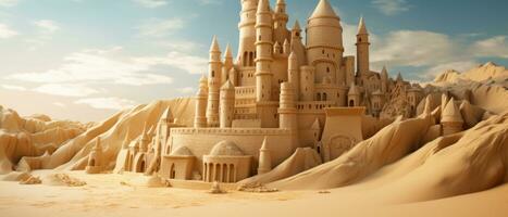 ai généré magnifique le sable Château sur d'or sable, avec complexe tours. ai génératif. photo
