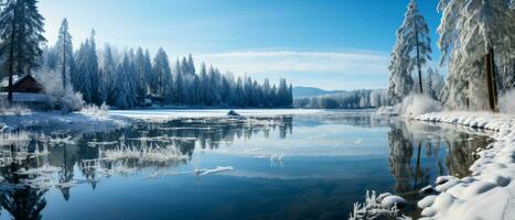 ai généré ensoleillé, hivernal journée à une congelé Lac dans une isolé parc, avec le région sauvage réfléchi sur le glacé surface. photo